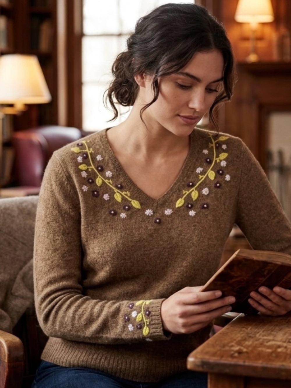 Ann Taylor Brown V‑Neck Sweater with Embroidered Floral Accents 100% Lambswool